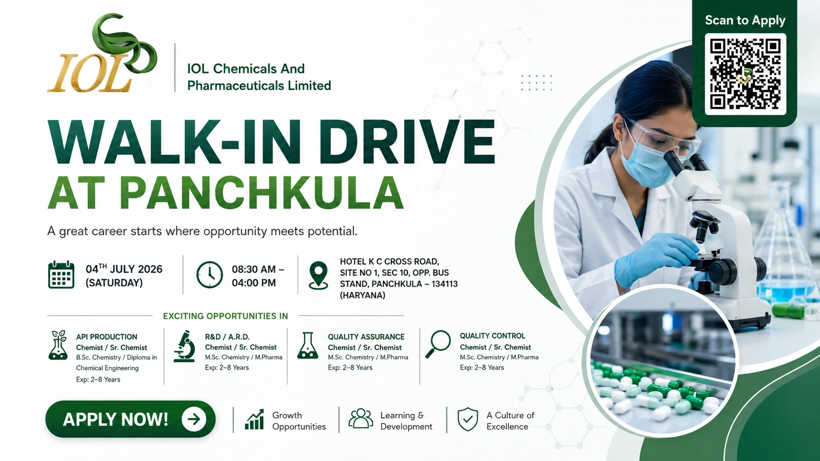 IOL Chemicals and Pharmaceuticals Limited Walk-in Interview | QA, QC, Production & R&D Pharma Jobs in India on 04 July 2026 (Saturday)