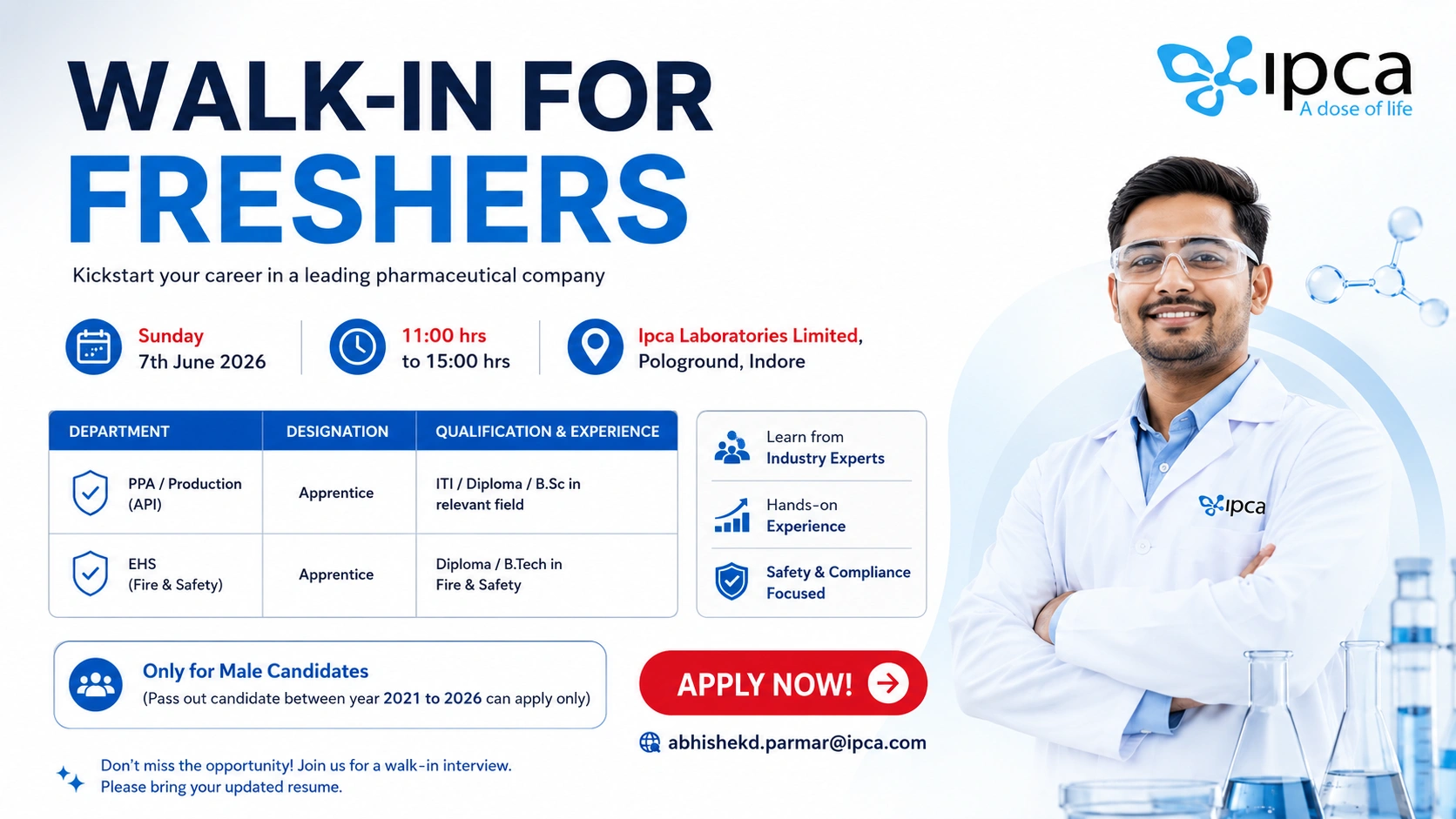 Ipca Laboratories Walk-In Interview for Freshers | Apprentice Jobs in Production (API) & EHS Departments on 7th June 2026