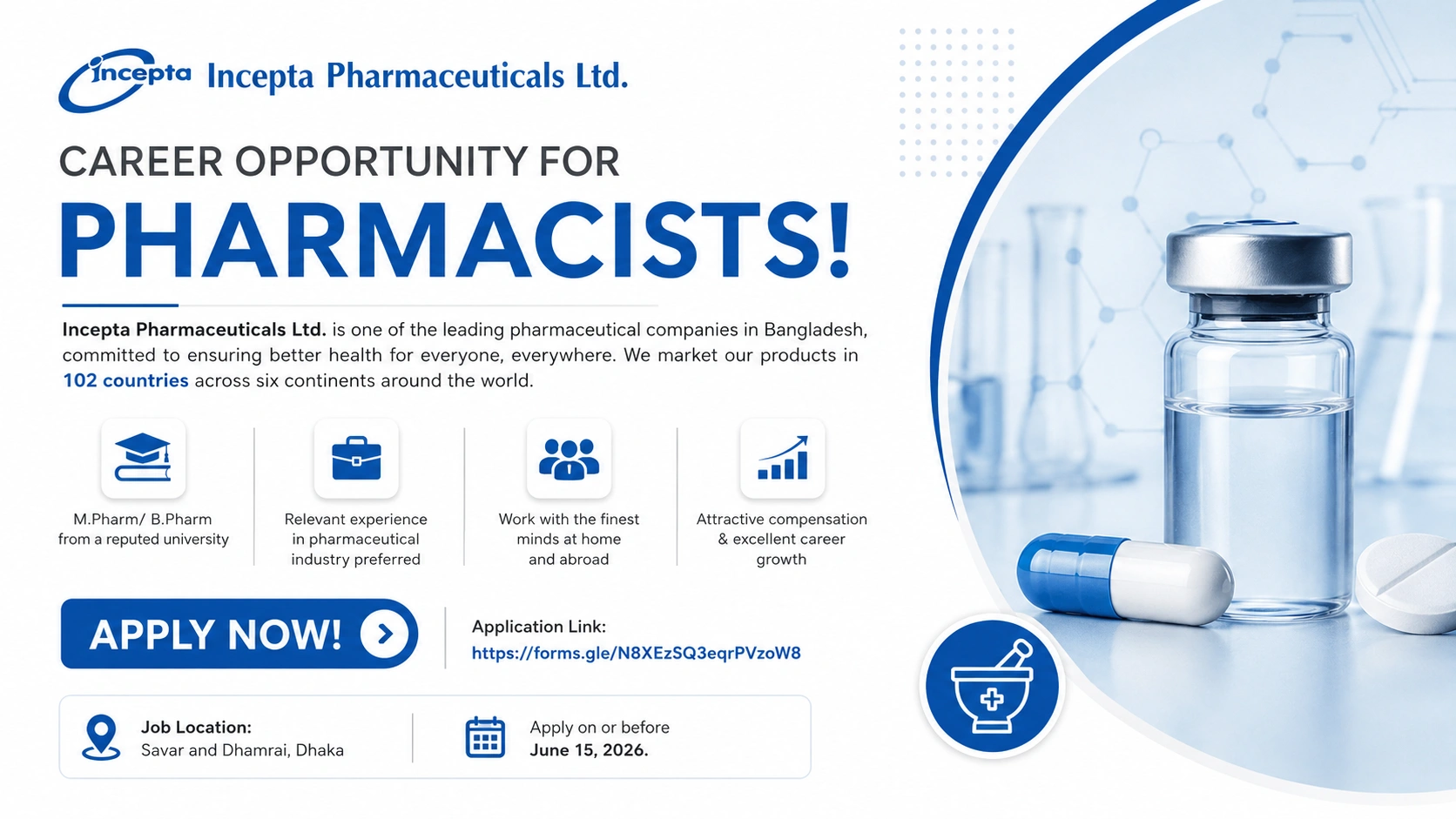 Incepta Pharmaceuticals Hiring Pharmacists in Dhaka | Apply Online Before June 15 2026