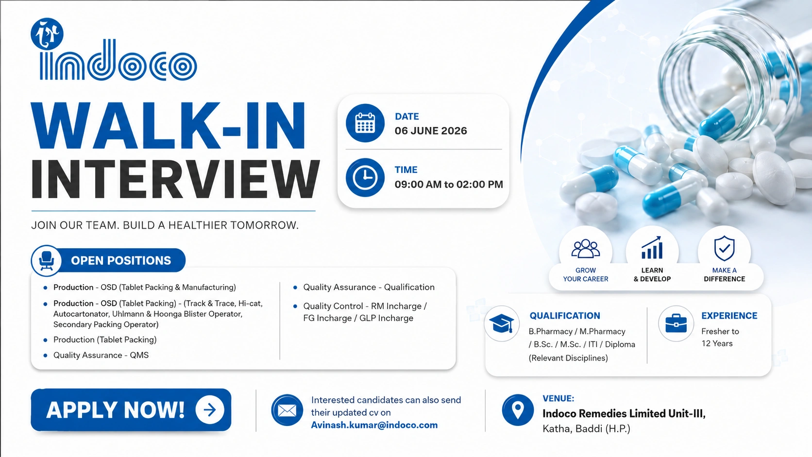 Indoco Remedies Walk-In Interview for Production, QA & QC Roles at Baddi | Pharma Jobs India on 06 June 2026