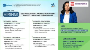Indoco Remedies Limited Hiring OSD Production & Packing Operators at Waluj, Chhatrapati Sambhajinagar – Apply Before June 15, 2026