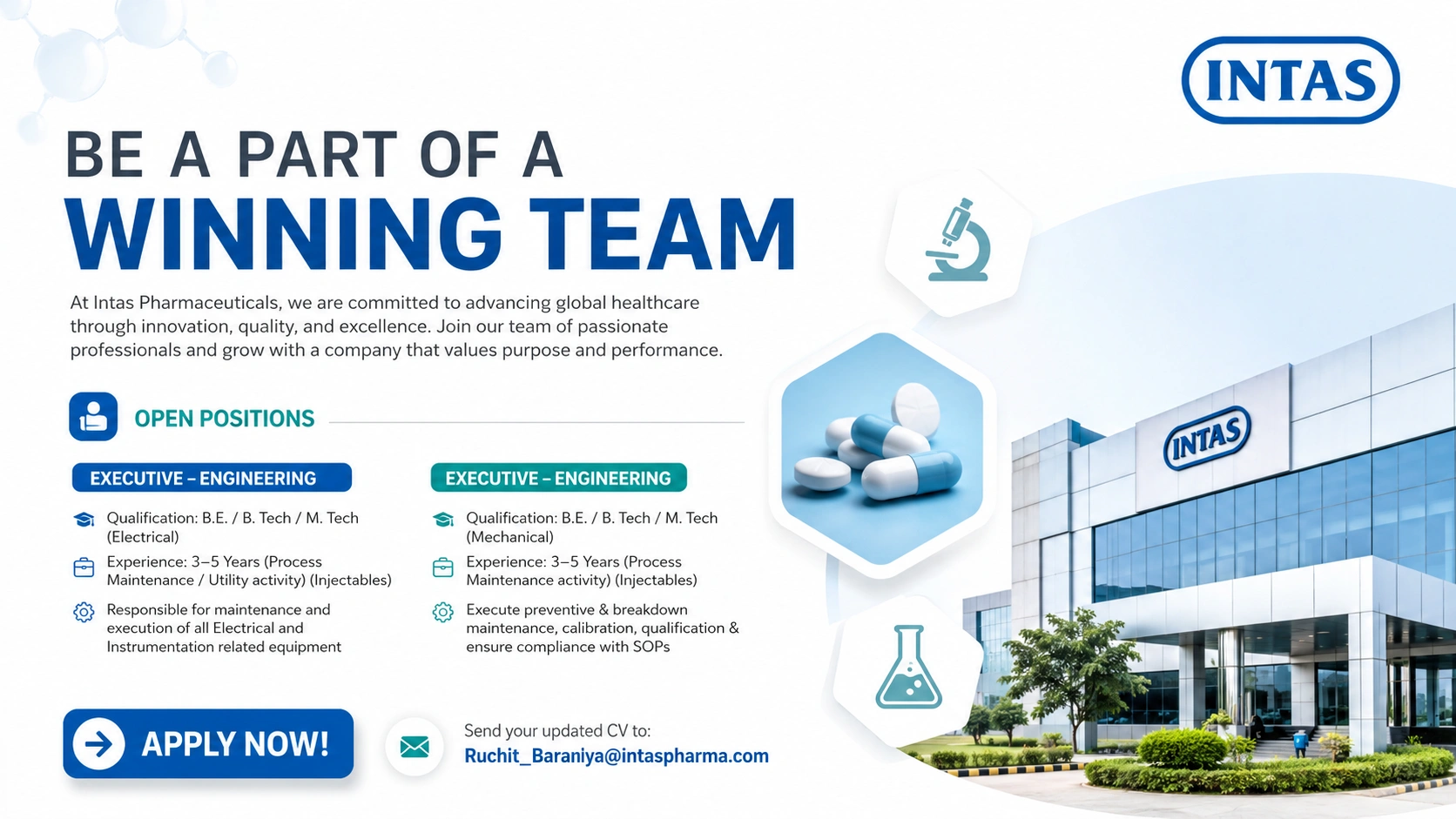 Intas Pharmaceuticals Hiring Executive – Engineering (Electrical & Mechanical) | Pharma Jobs in Ahmedabad