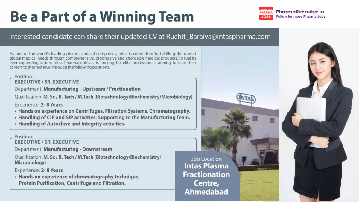 Intas Pharmaceuticals Jobs 2026 – Executive