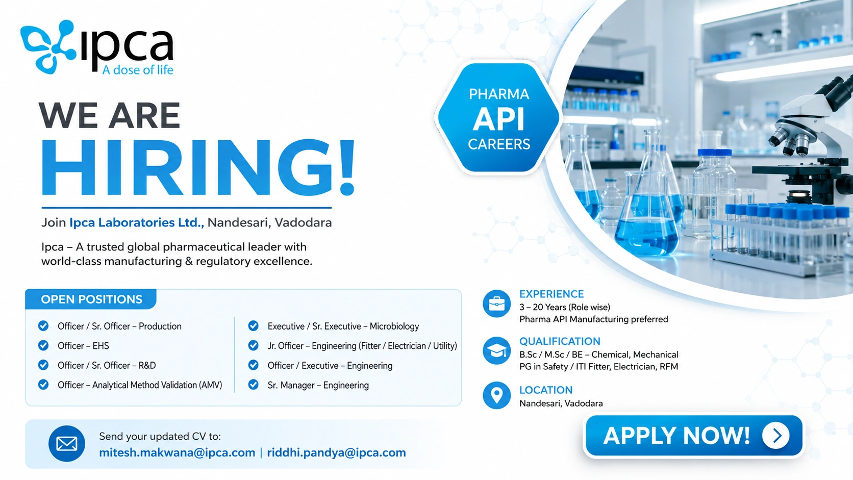 Ipca Laboratories Hiring Production, Engineering, EHS, R&D, AMV & Microbiology Professionals in Vadodara | Pharma Jobs