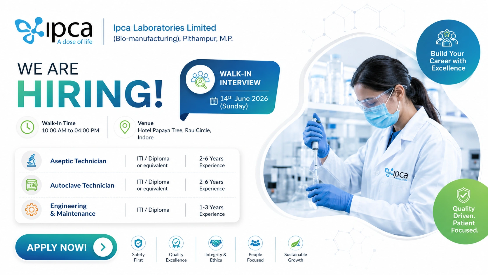 Ipca Laboratories Walk-In Interview for Aseptic Technicians, Autoclave Technicians & Engineering Technicians in Indore on 14th June 2026