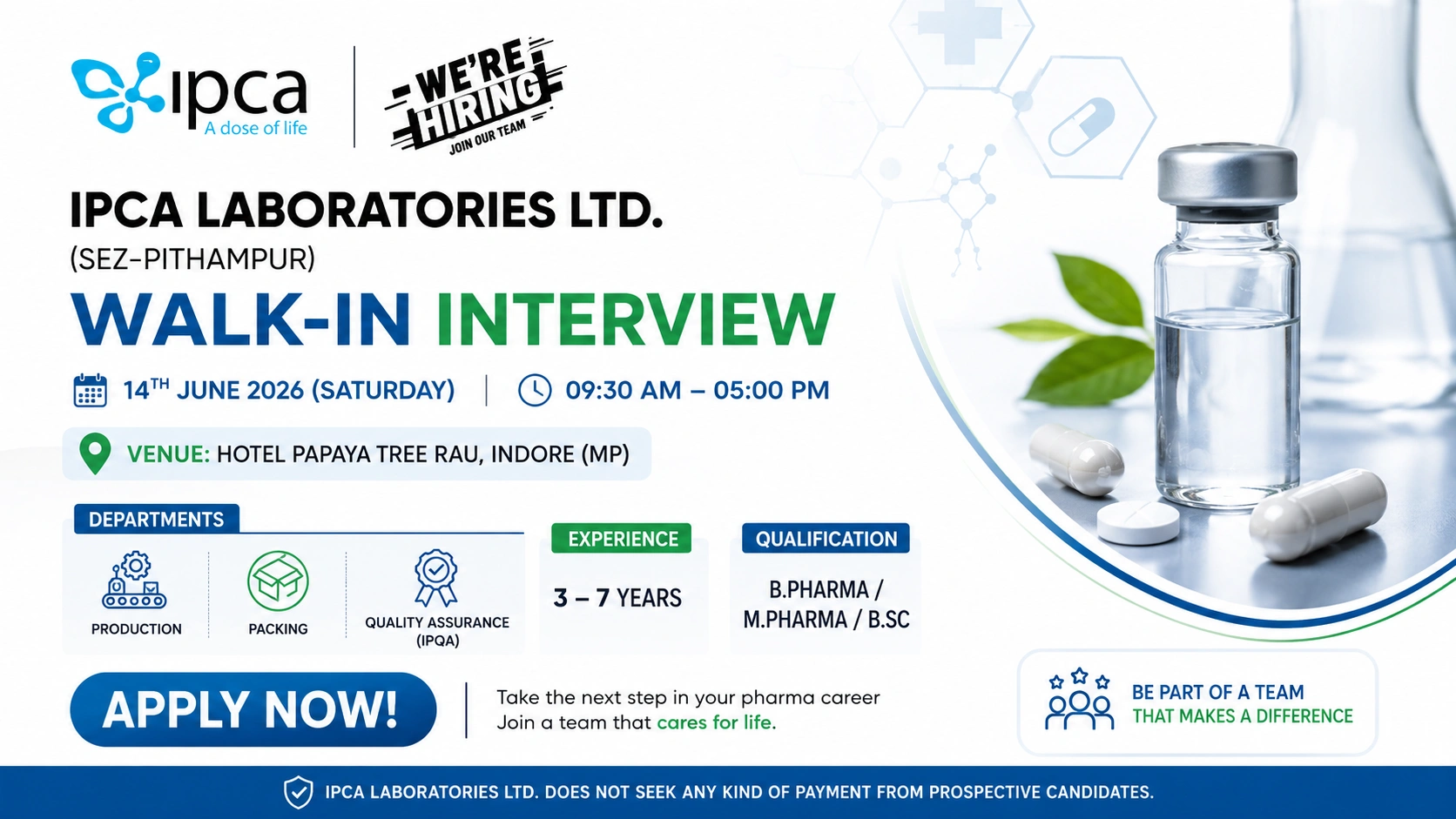 IPCA Laboratories Walk-In Interview for Production, Packing & Quality Assurance Professionals in Pithampur on 14 June 2026