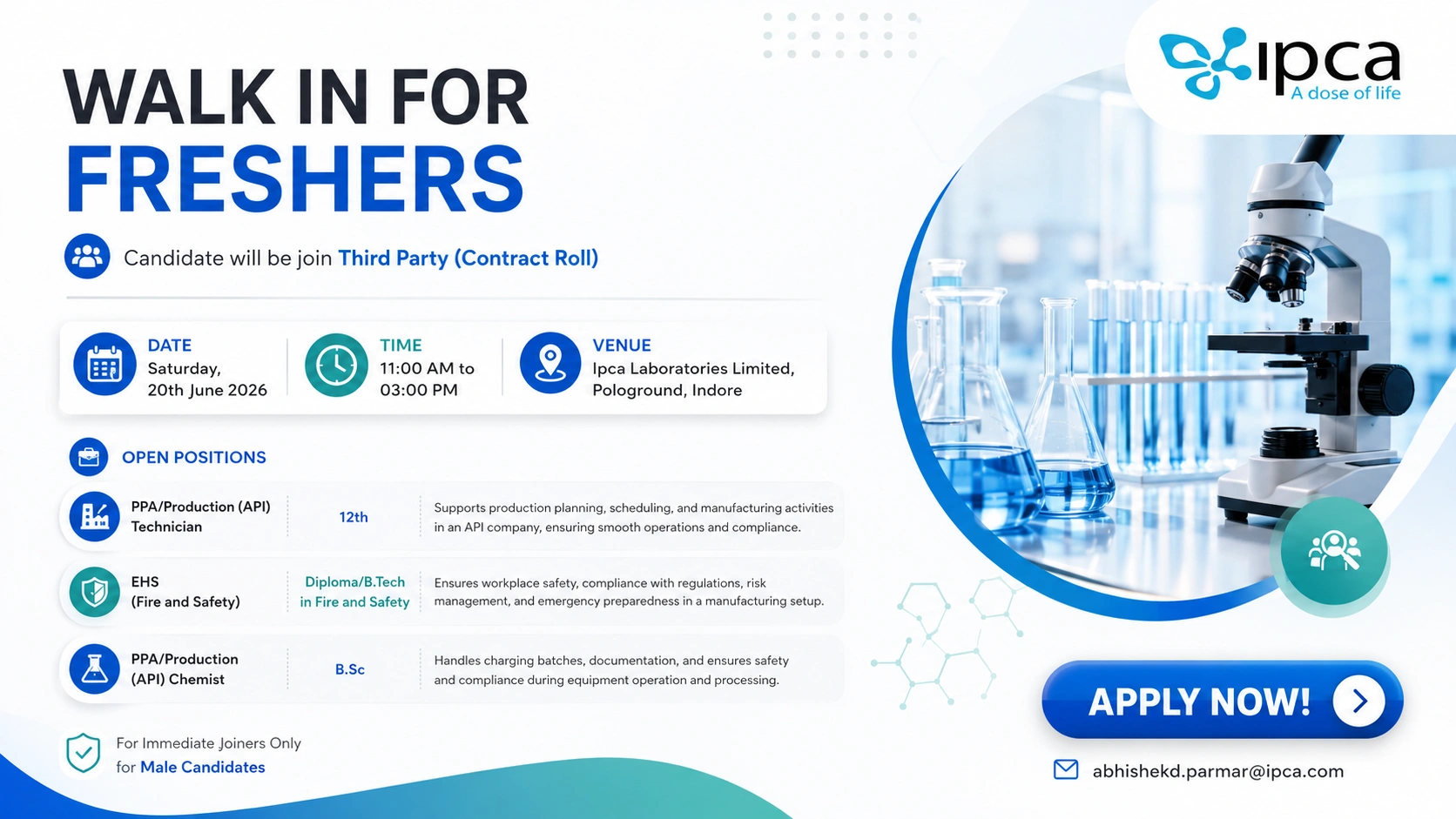 IPCA Laboratories Walk-In Interview for Freshers | Production API, Technician & Fire Safety Jobs in Indore on 20 June 2026 (Saturday)