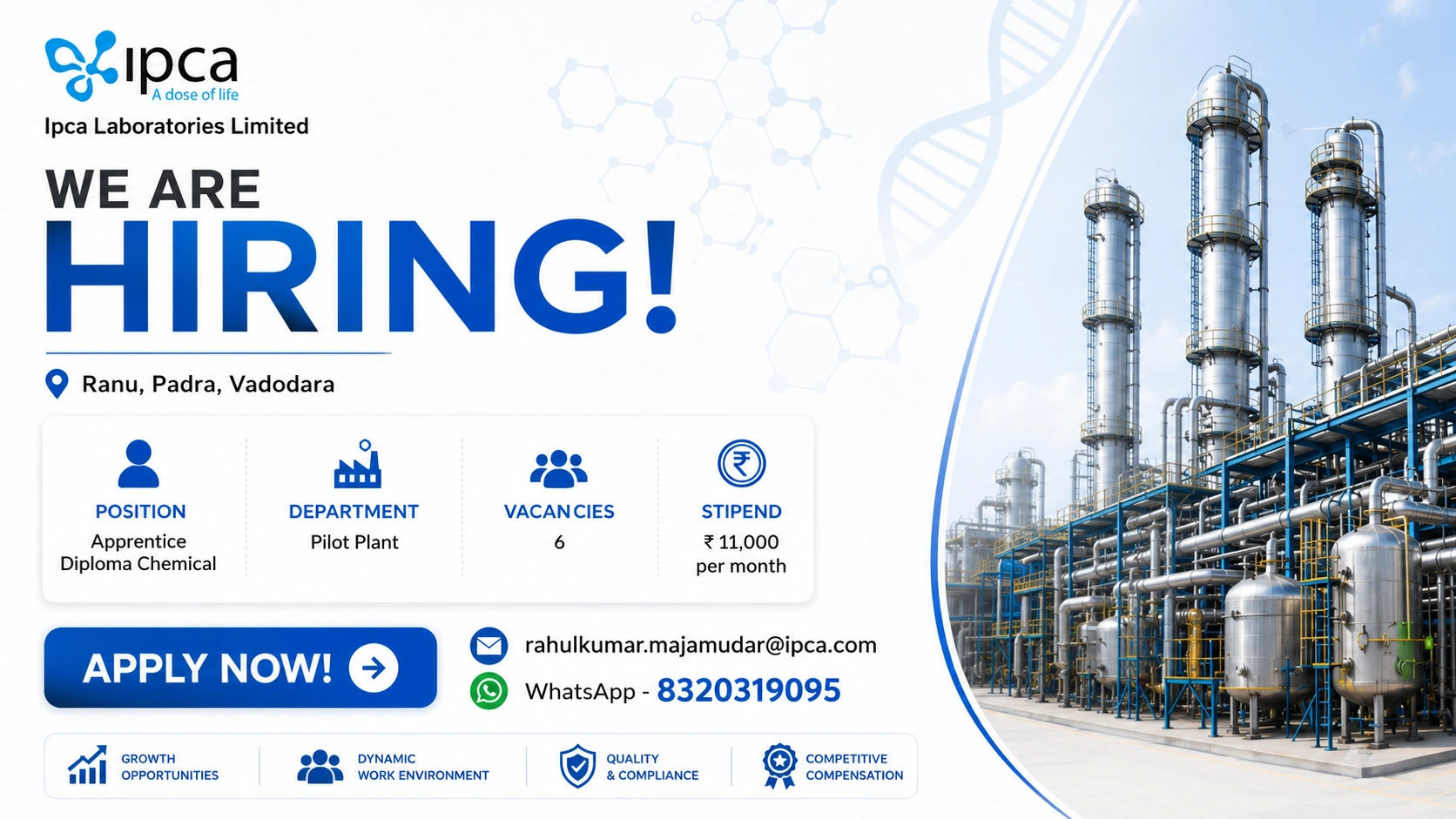 Ipca Laboratories Limited Hiring Apprentice Diploma Chemical Candidates for Pilot Plant Department at Vadodara