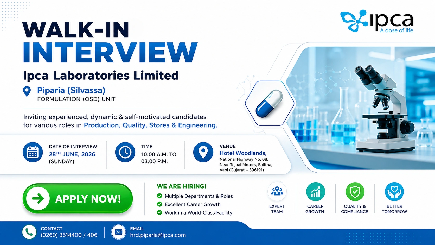 B.Pharm, M.Pharm, B.Sc, M.Sc, ITI, Diploma, B.E/B.Tech (as per position)