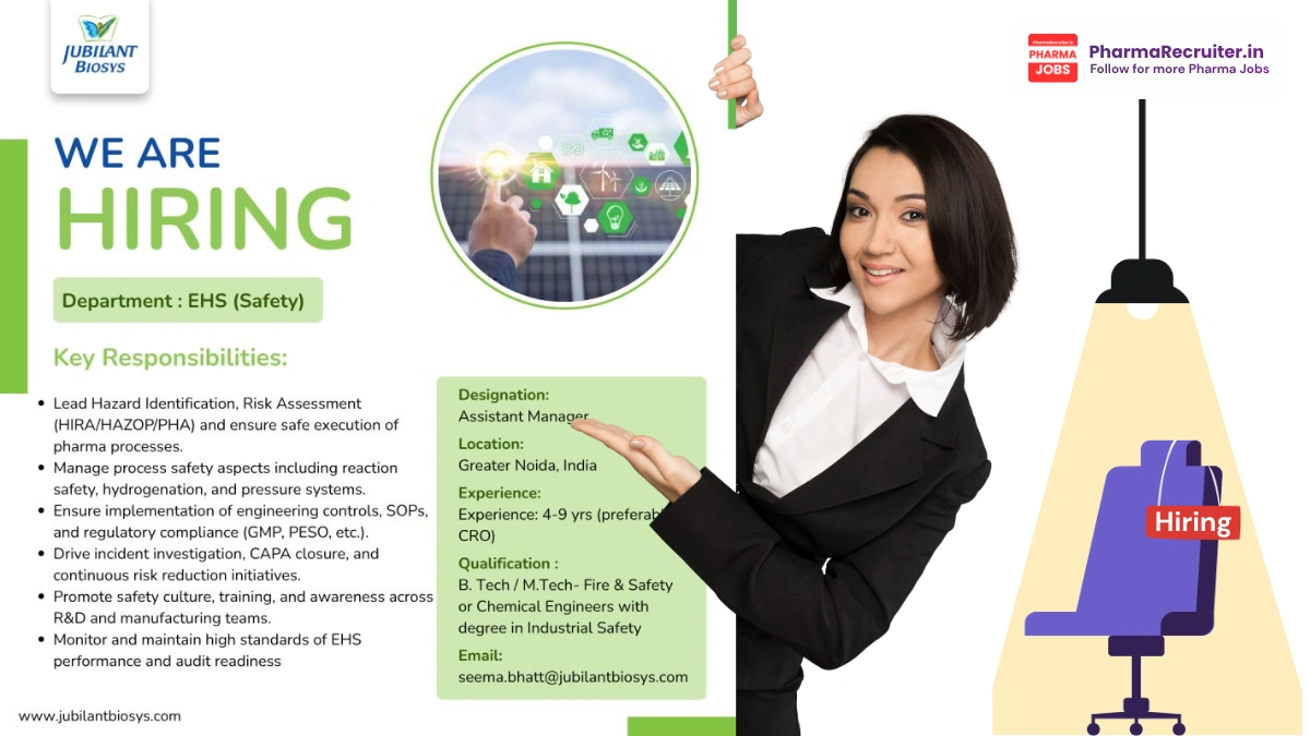 Jubilant Biosys Hiring Assistant Manager – EHS (Safety) Jobs in Greater Noida