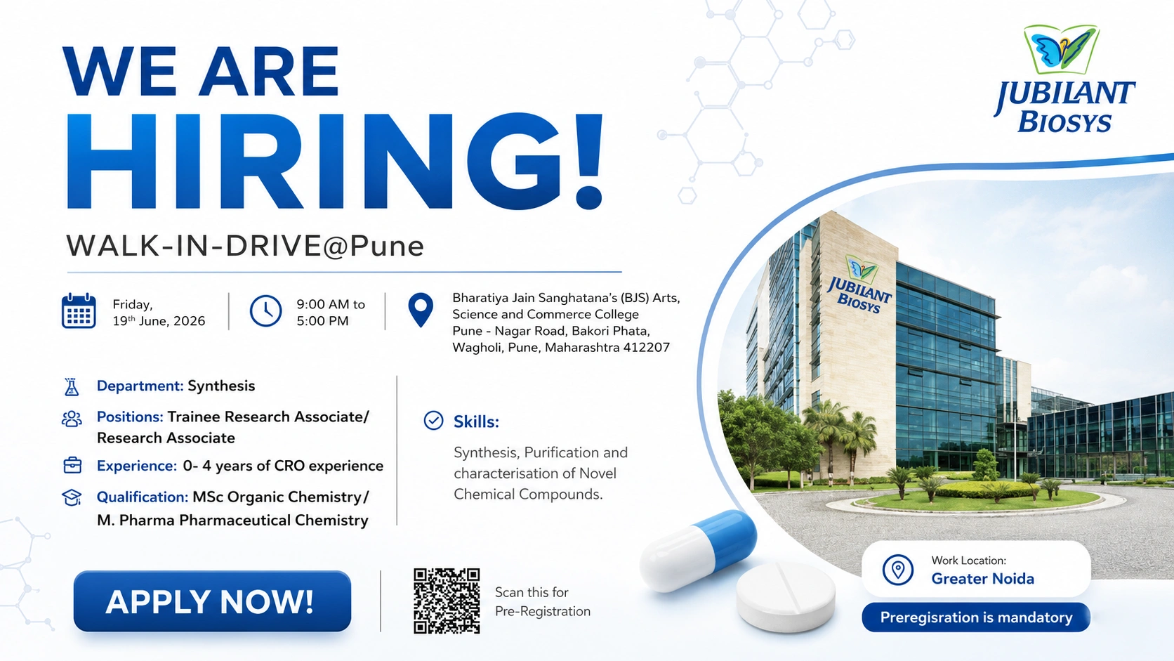 Jubilant Biosys Walk-In Interview for Trainee Research Associate & Research Associate | Pharma Jobs in Greater Noida on 19 June 2026