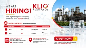KLIO Pharma Walk-In Interview for R&D Freshers and Experienced Candidates in Hyderabad on 20 June 2026 (Saturday)