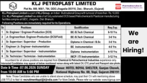KLJ Petroplast Limited Walk-in Interview on 7th June 2026