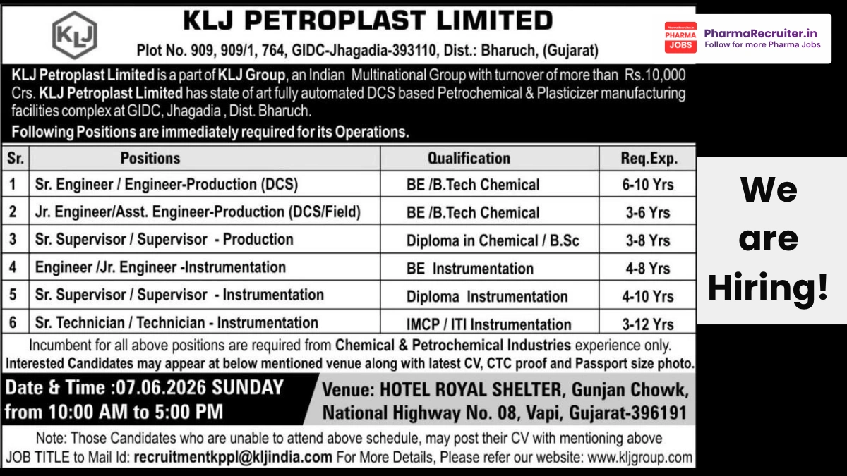 KLJ Petroplast Limited Walk-in Interview on 7th June 2026
