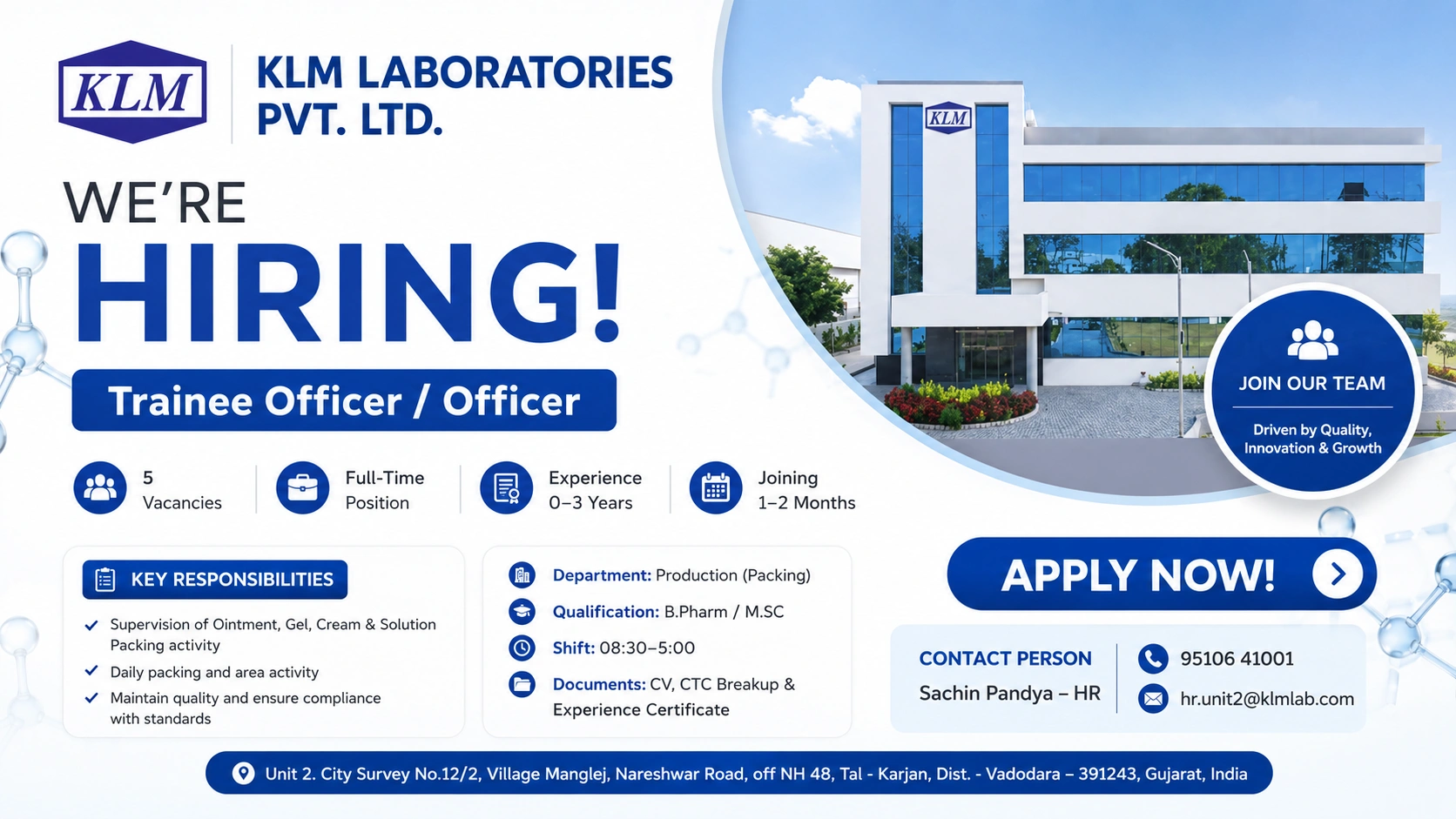 KLM Laboratories Pvt. Ltd. Hiring Trainee Officer / Officer – Production (Packing) | Pharma Jobs in Gujarat