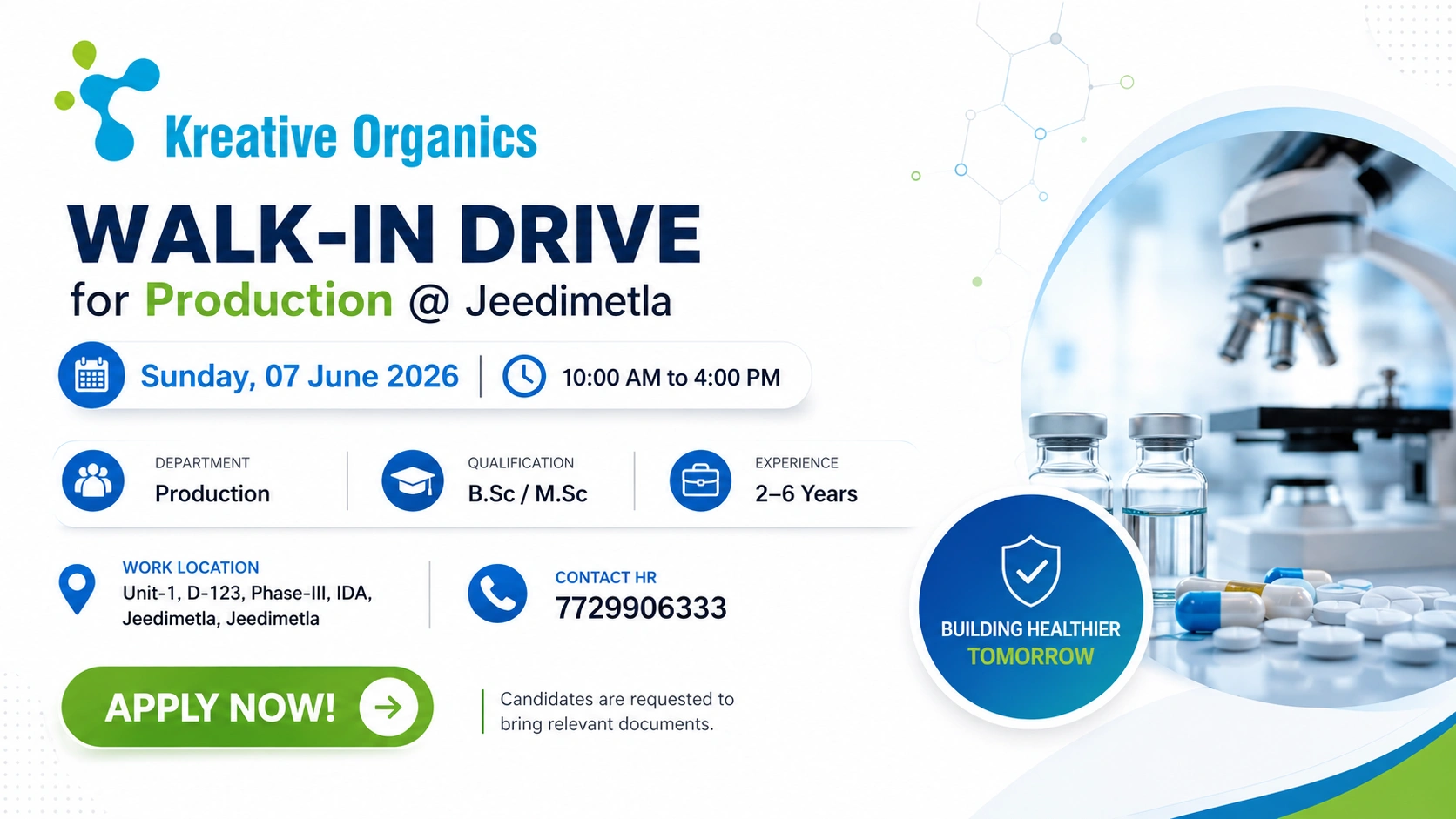 Kreative Organics Production Jobs | Walk-In Interview at Jeedimetla for B.Sc & M.Sc Candidates on 07 June 2026 (Sunday)