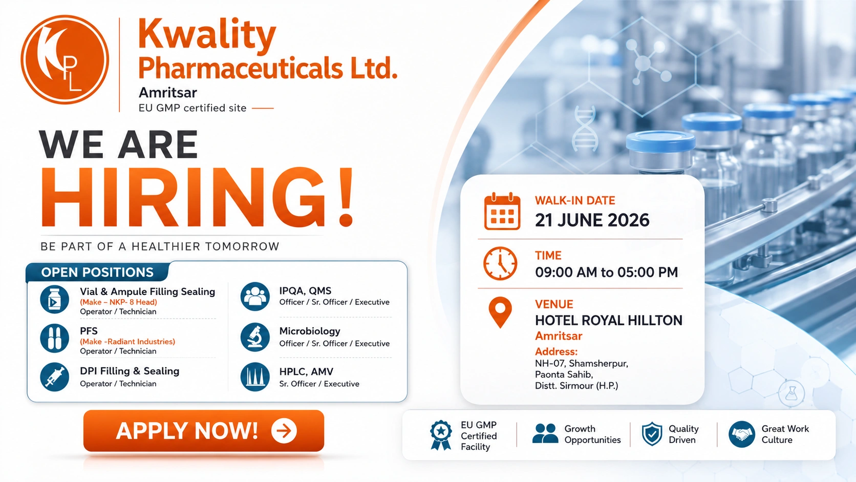 Kwality Pharmaceuticals Ltd Walk-In Interview for Production, QA, QC, IPQA, QMS & Microbiology Roles | Apply Now on 21 June 2026
