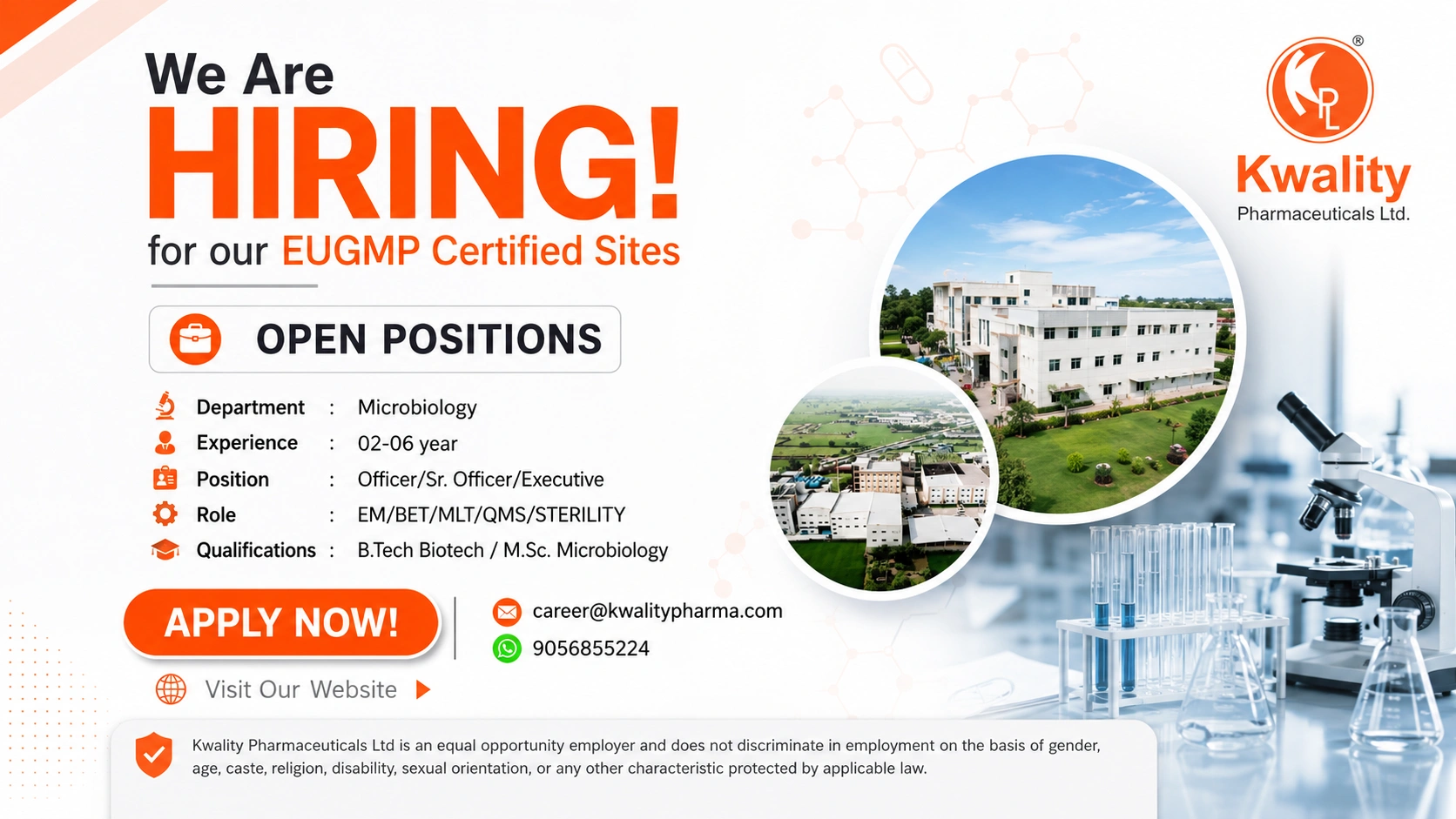 Kwality Pharmaceuticals Hiring Microbiology Professionals for EU-GMP Certified Sites | Apply Now