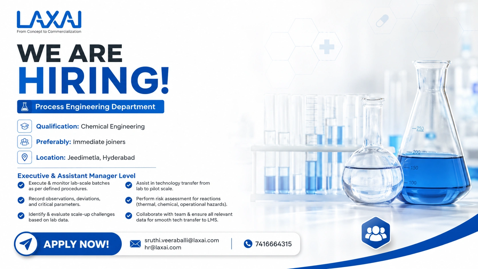 LAXAI Hiring Process Engineering Professionals in Hyderabad | Apply for Executive & Assistant Manager Positions