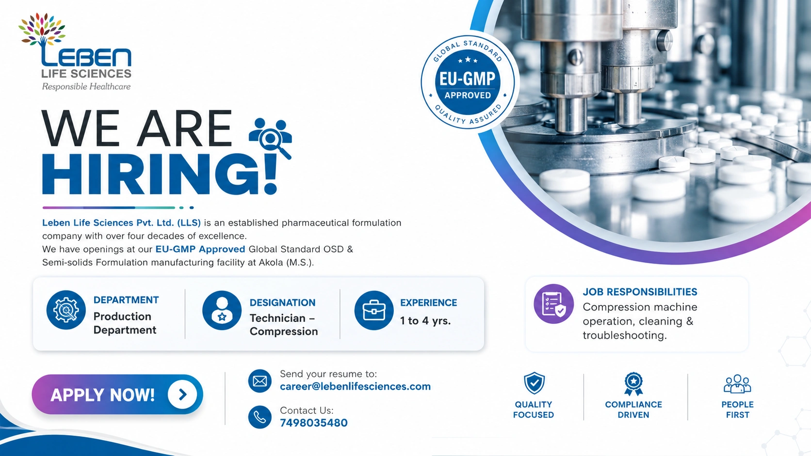 Leben Life Sciences Production Jobs – Technician Compression Vacancy at Akola, Maharashtra