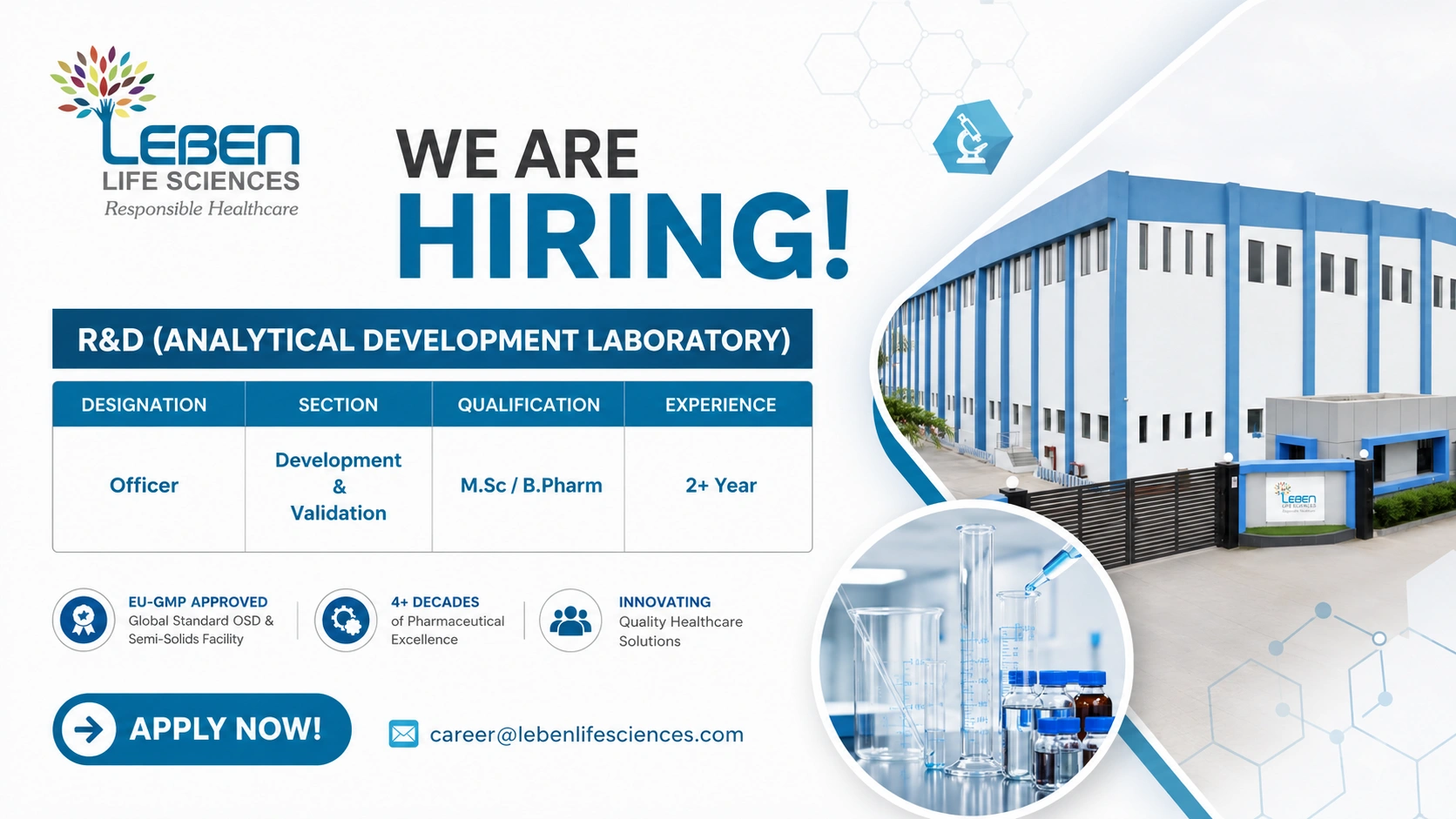 Leben Life Sciences Recruitment 2026 | R&D Analytical Development Laboratory Officer Jobs in Akola