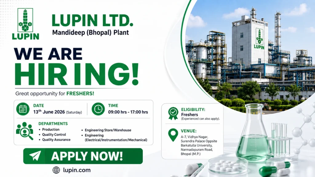 Lupin Limited Walk-In Interview for Freshers and Experienced Candidates | Production, QA, QC, Engineering Jobs in Bhopal on 13 June 2026 (Saturday)
