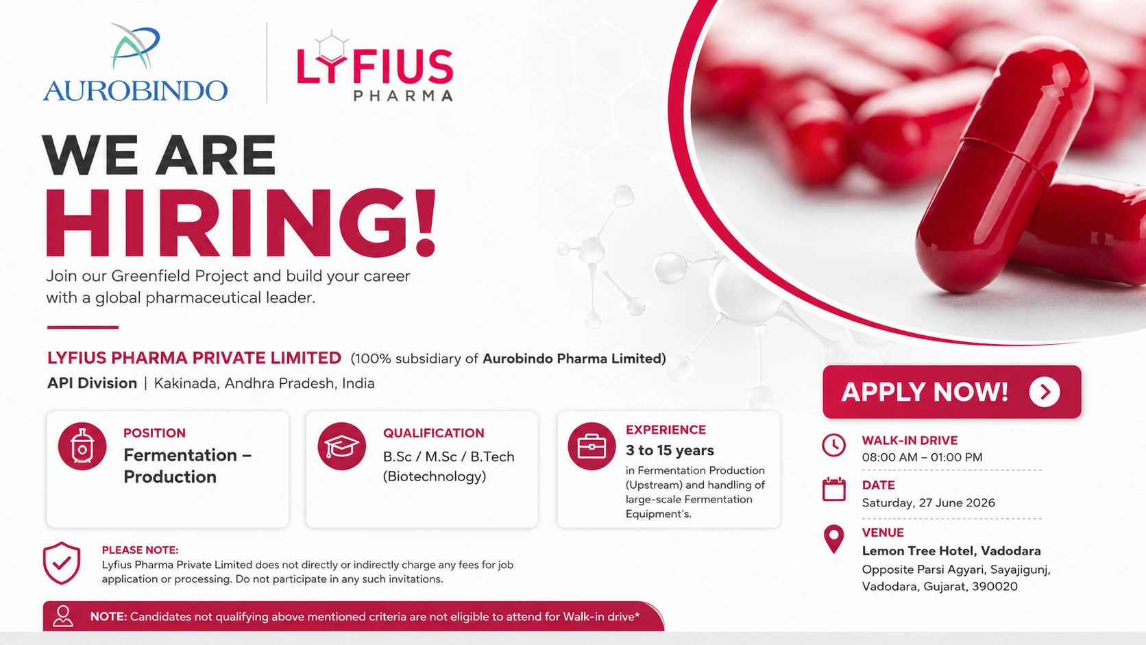 Lyfius Pharma Walk-In Interview for Fermentation Production | API Jobs in Kakinada on 27 June 2026 (Saturday)
