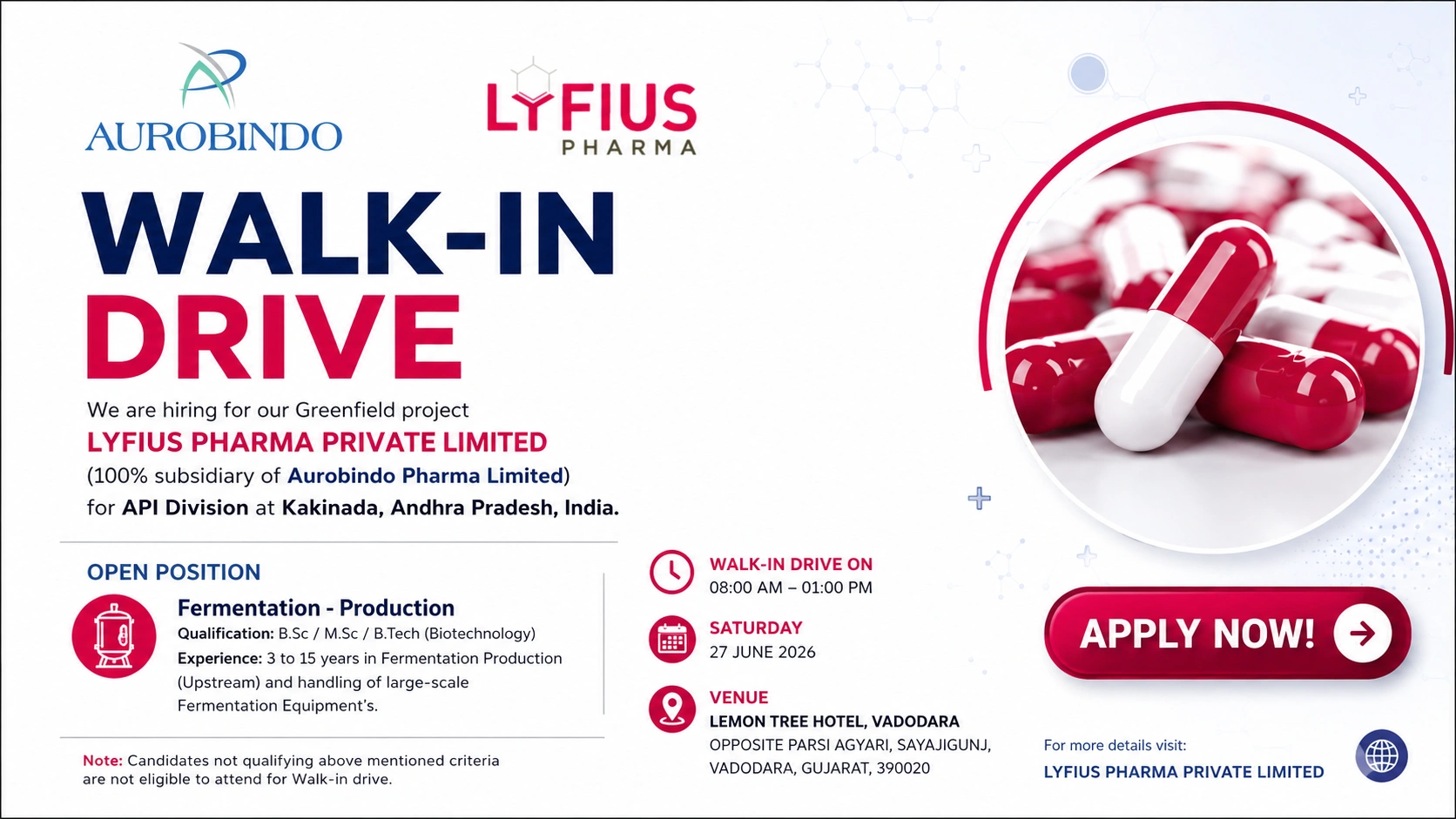 Lyfius Pharma Walk-In Interview for Fermentation Production Roles | Aurobindo Pharma Group Careers on 27 June 2026 (Saturday)