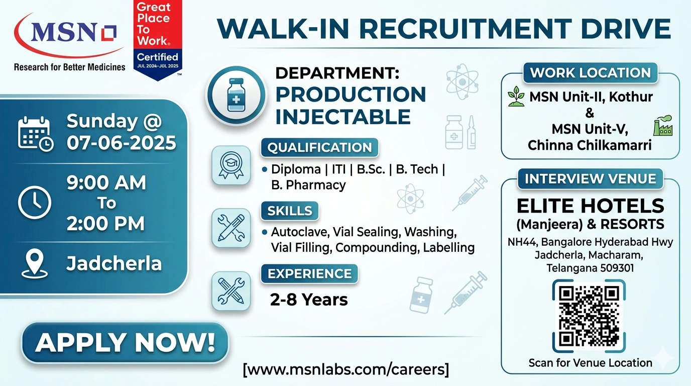 MSN Laboratories Walk-In Interview for Production Injectable | Pharma Jobs in Telangana on 07 June 2026 (Saturday)