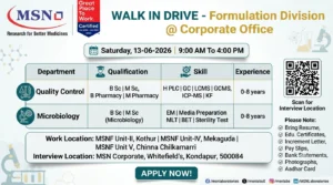 MSN Laboratories Walk-In Interview for Quality Control & Microbiology | Freshers and Experienced Candidates Apply on 13 June 2026