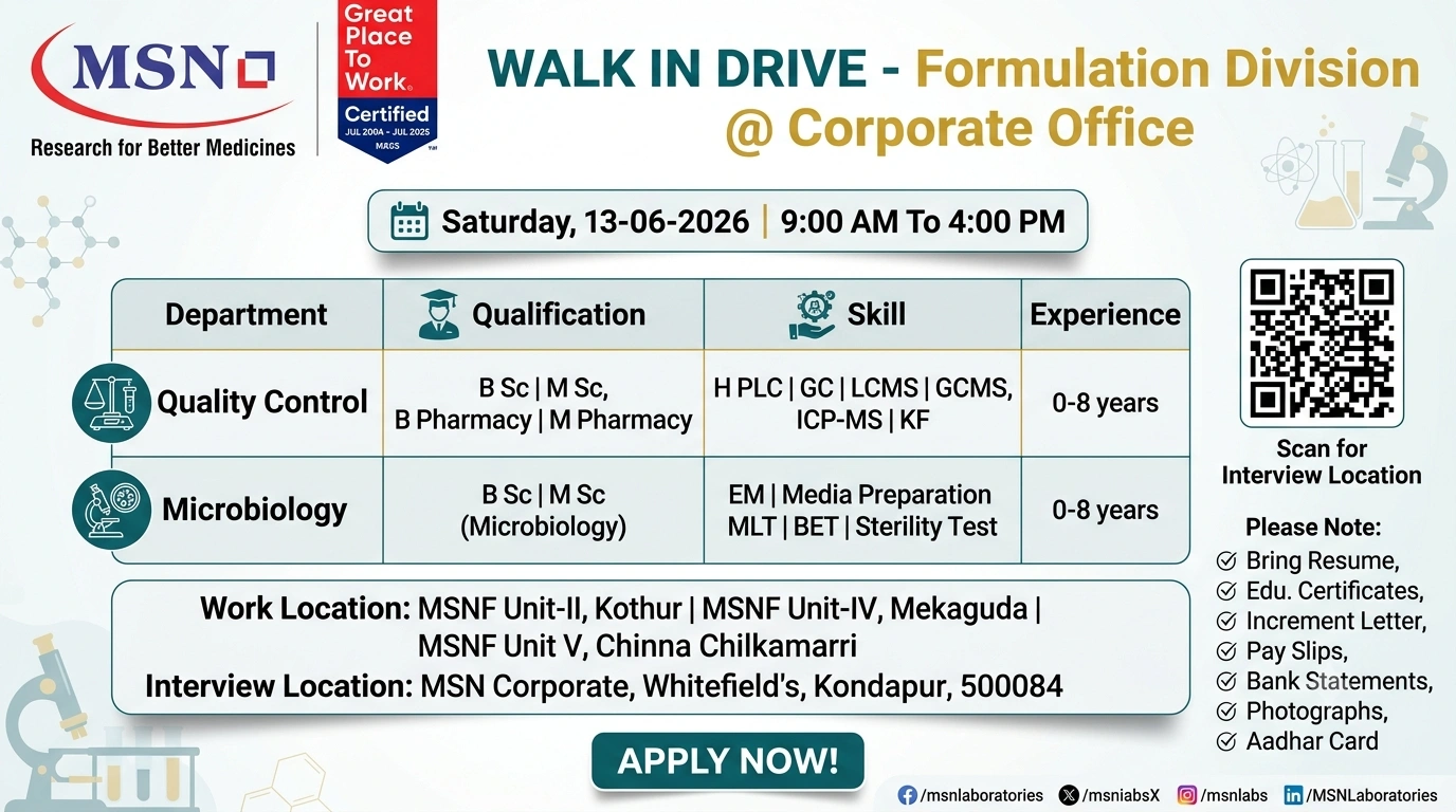 MSN Laboratories Walk-In Interview for Quality Control & Microbiology | Freshers and Experienced Candidates Apply on 13 June 2026
