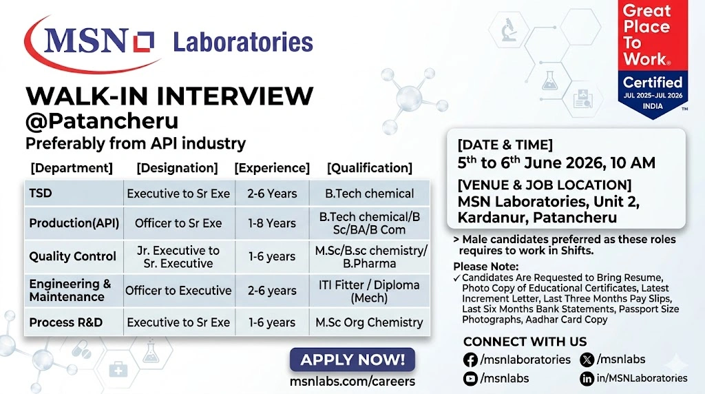 MSN Laboratories Walk-In Interview for Production, QC, TSD, Engineering & Process R&D | Pharma Jobs in Patancheru on 5th June 2026 to 6th June 2026
