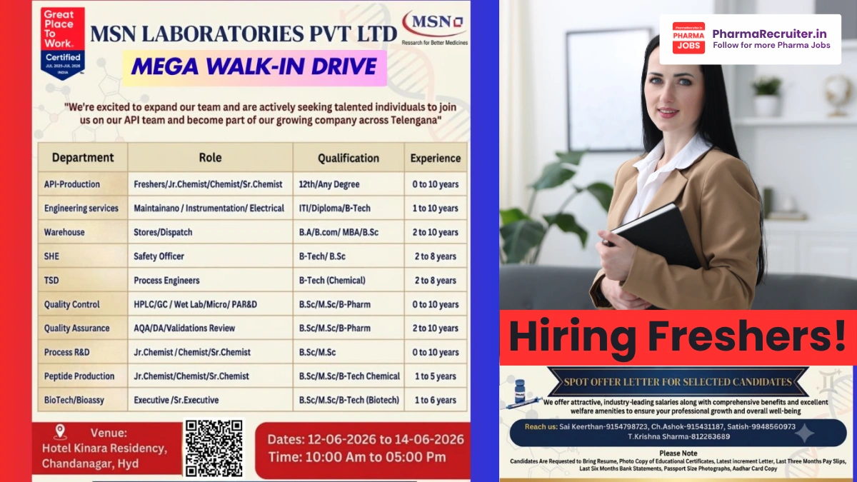 MSN Laboratories Mega Walk-In Drive 2026 for API Production, QC, QA, Warehouse, Engineering & R&D