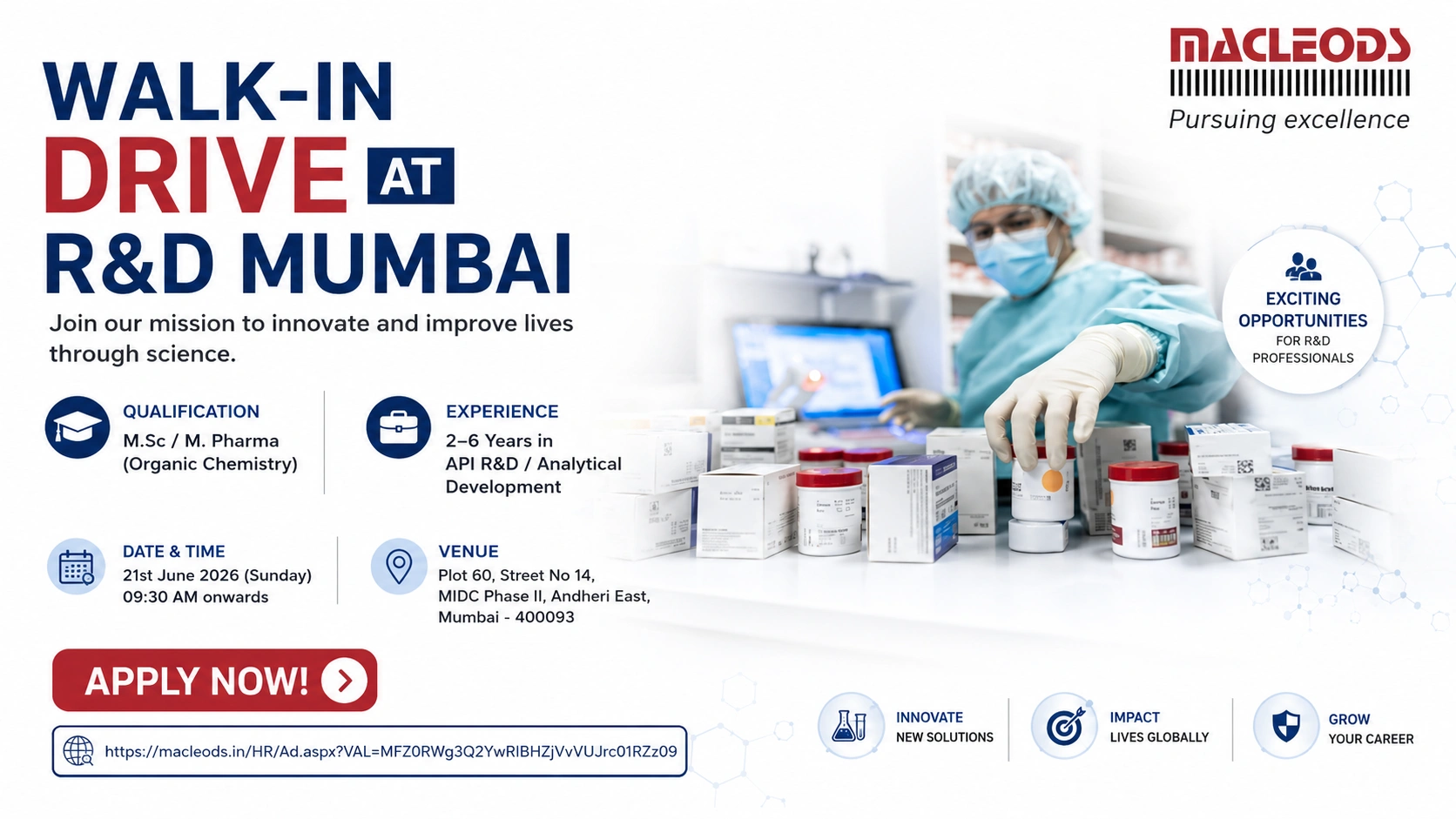 Macleods Pharmaceuticals Walk-In Drive for Research Associate & Senior Research Associate – R&D Mumbai on 21 June 2026 (Sunday)