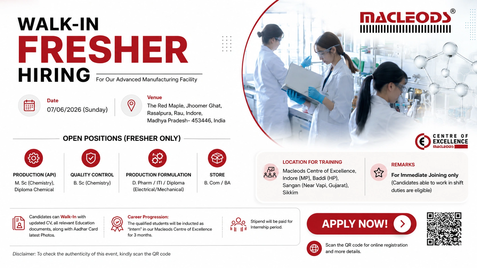 Macleods Pharma Walk-In Interview for Freshers | Production, QC, Store & Formulation Jobs on 07 June 2026 (Sunday)