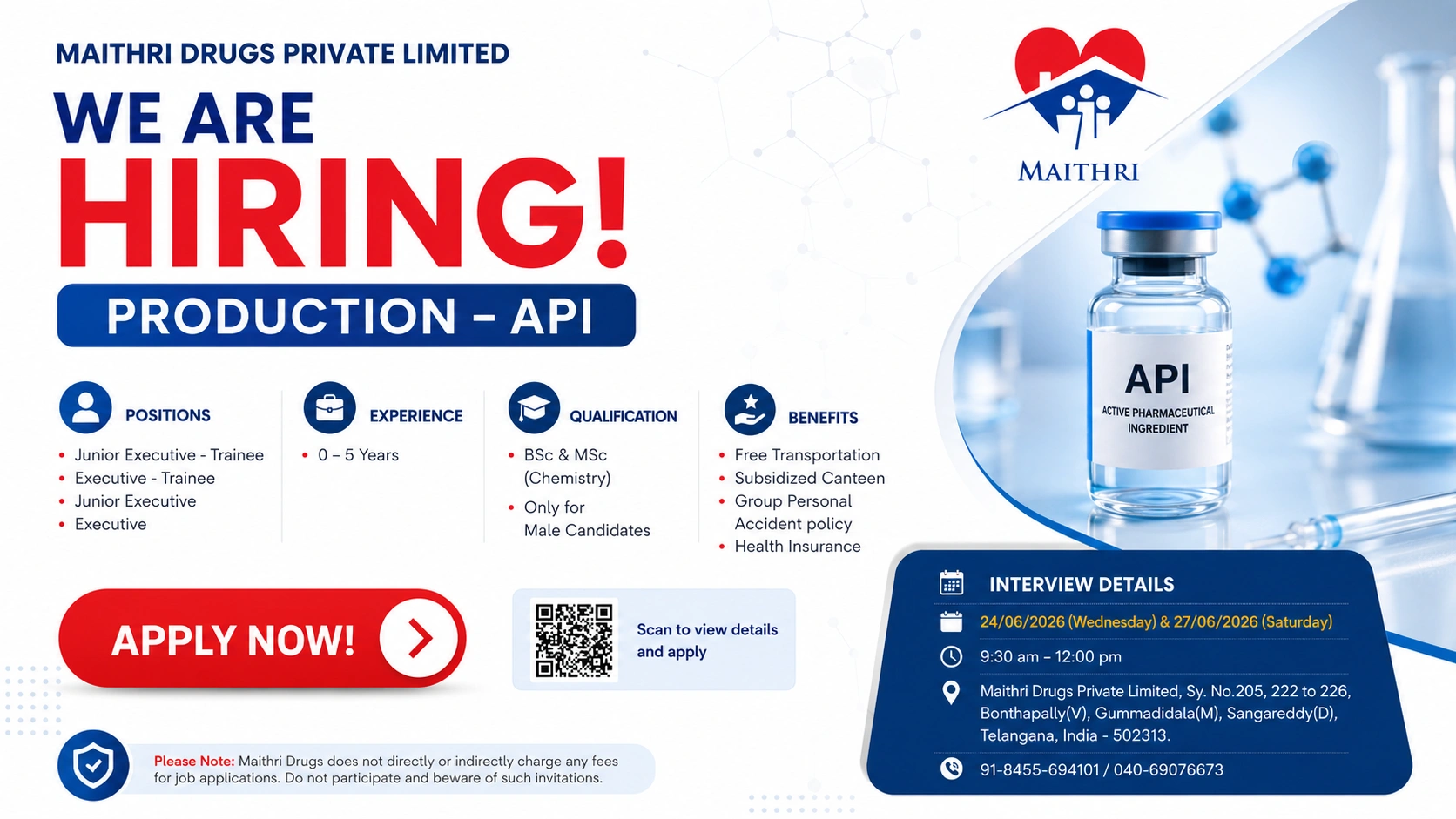 Maithri Drugs Walk-In Interview for Production API | Freshers & Experienced Candidates | Pharma Jobs in Telangana on 24 & 27 June 2026
