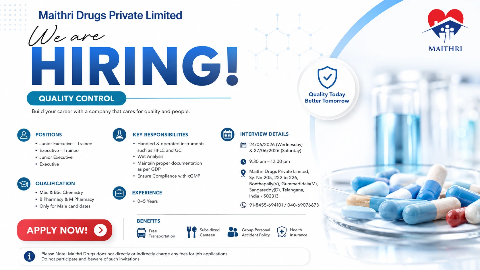 Maithri Drugs Walk-in Interview for Quality Control (QC) Professionals | Freshers & Experienced Candidates on 24 & 27 June 2026