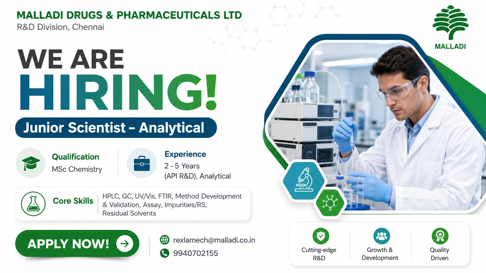 Malladi Drugs & Pharmaceuticals Ltd Hiring Junior Scientist – Analytical | API R&D Jobs in Chennai