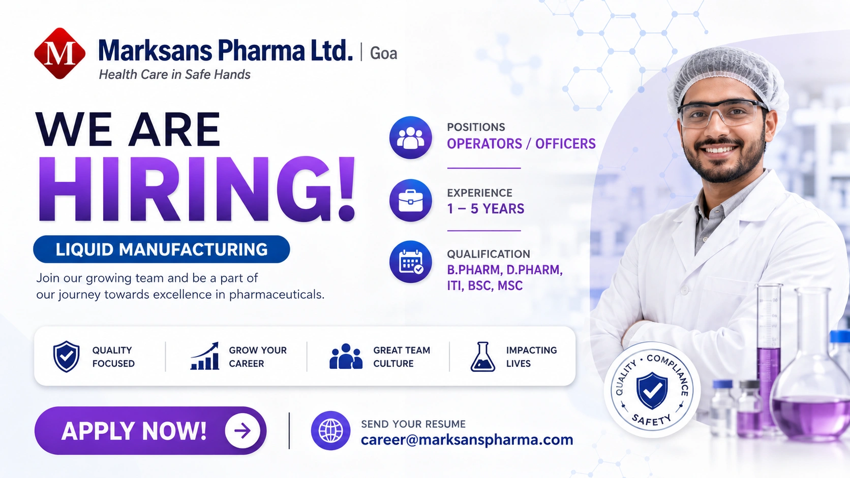 Marksans Pharma Goa Hiring Operators and Officers for Liquid Manufacturing | Pharma Jobs in Goa 2026