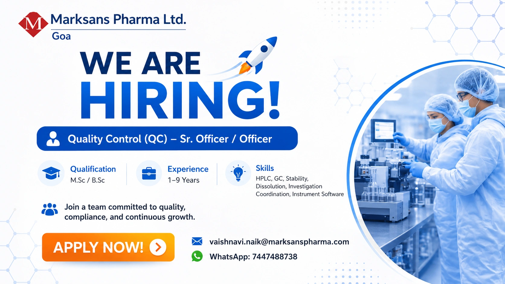 Marksans Pharma Ltd. Hiring Quality Control Professionals in Goa | Apply Now for QC Jobs