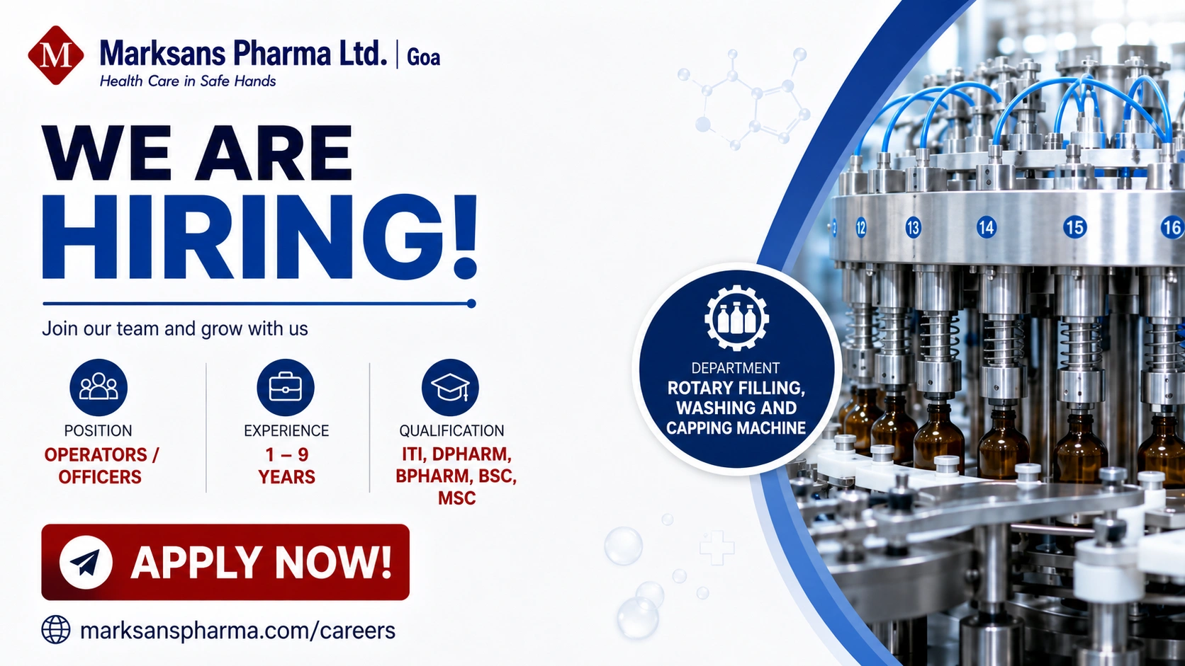 Marksans Pharma Goa Hiring Operators and Officers | Production Jobs in Pharma Industry