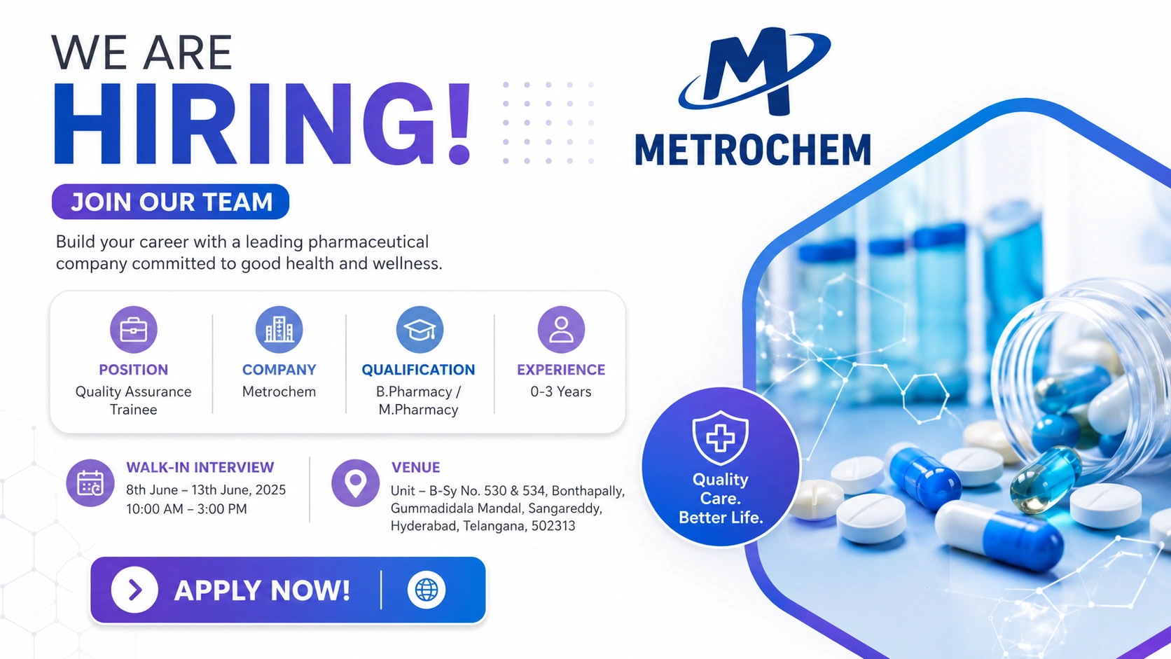 Metrochem Walk-In Interview for Quality Assurance Trainee | B.Pharm & M.Pharm Freshers and Experienced Candidates on 8th June – 13th June