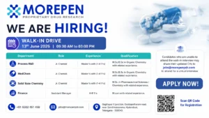 Morepen Proprietary Drug Research Walk-In Interview | Jr. Chemist & Assistant Manager Jobs in Hyderabad on 13th June 2026