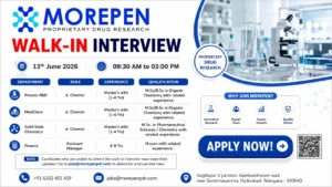 Morepen Proprietary Drug Research Walk-In Interview for Process R&D, MedChem, Solid State Chemistry & Finance Roles on 13th June 2026