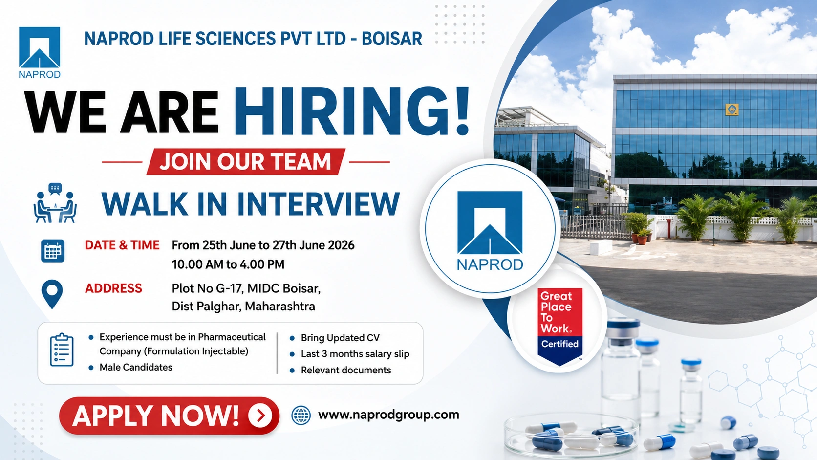 Naprod Life Sciences Pvt Ltd Walk-In Interview | QA, QC, Production & Engineering Jobs in Boisar on 25 June 2026 to 27 June 2026