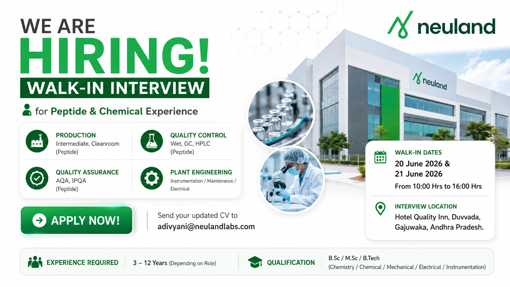 Neuland Laboratories Walk-In Interview for Production, Quality Control, Quality Assurance & Engineering Professionals on 20 June 2026 & 21 June 2026