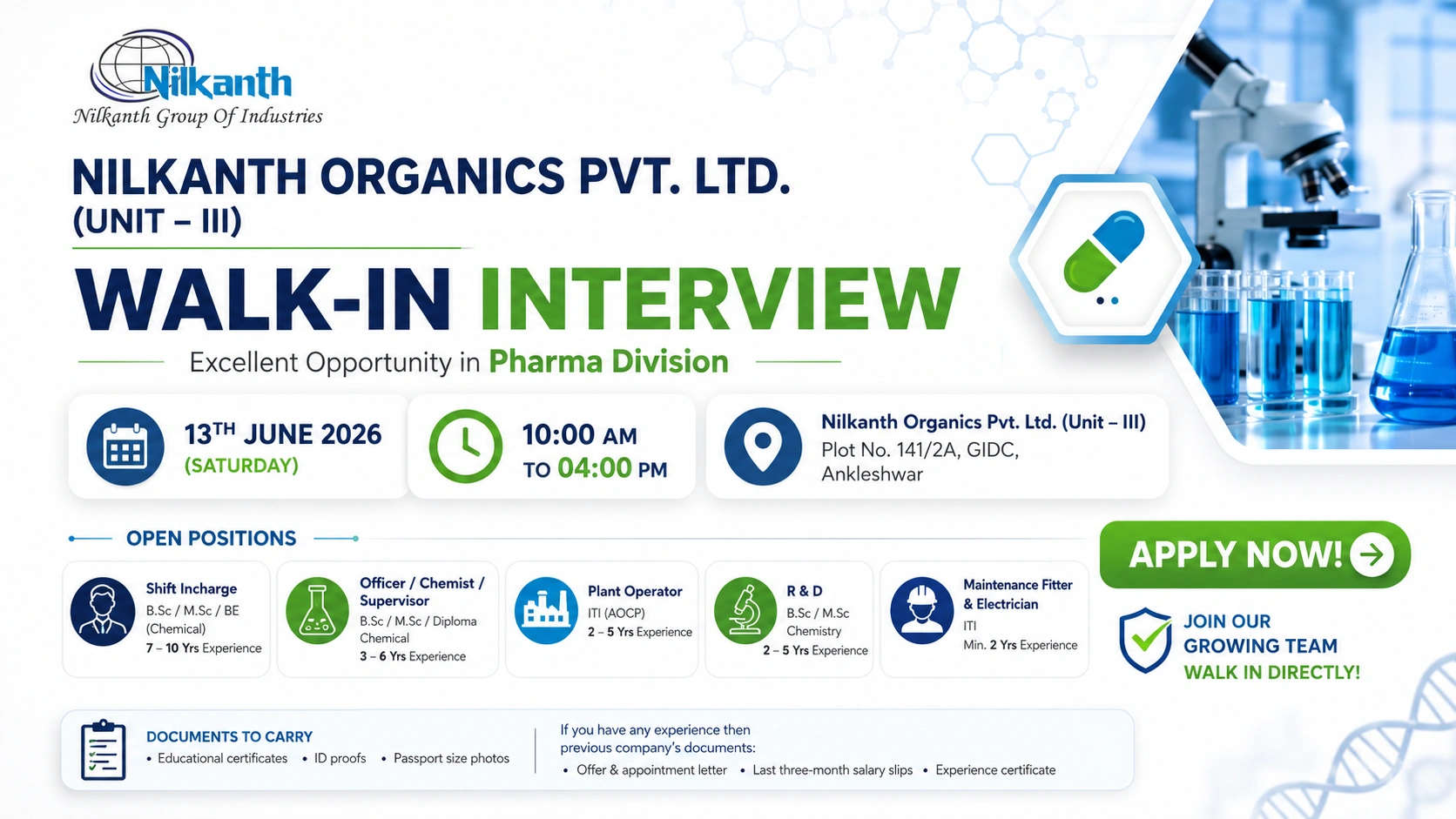 Nilkanth Organics Walk-In Interview for Pharma Professionals | Multiple Openings in Ankleshwar on 13th June 2026