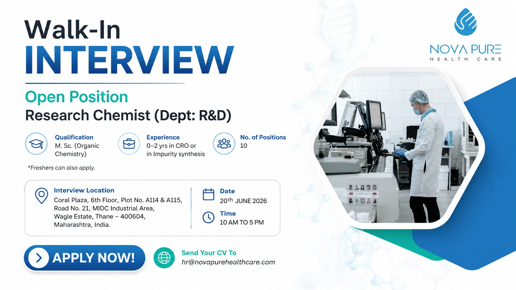 Nova Pure Health Care Walk-In Interview for Research Chemist (R&D) | Freshers Eligible | Apply Now on 20 June 2026