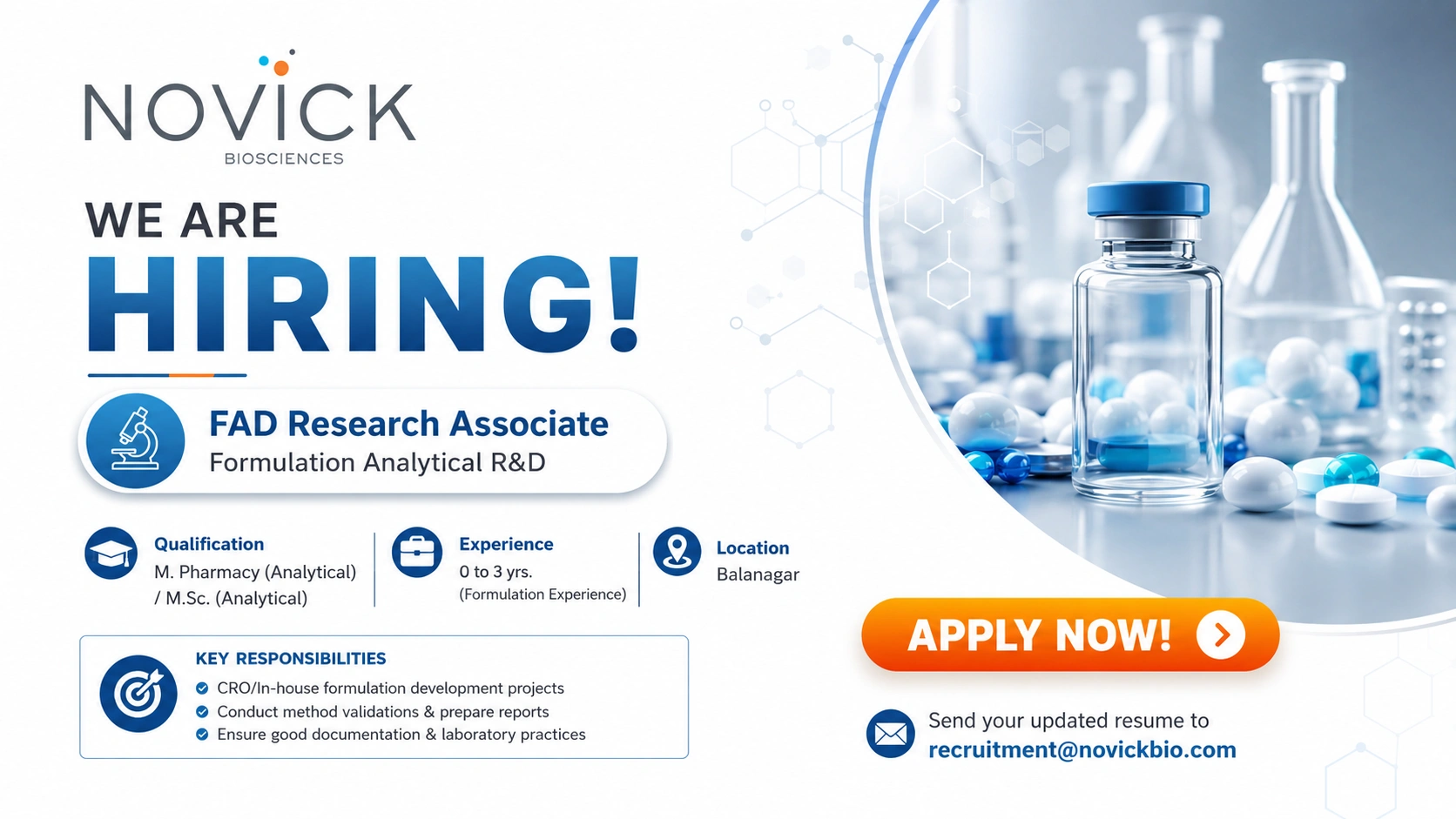 Novick Biosciences Hiring Formulation Analytical R&D Research Associates | Pharma Jobs in Hyderabad 2026