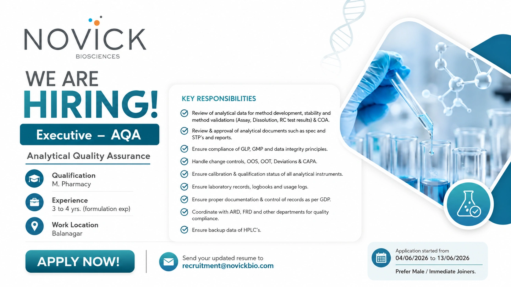 Novick Biosciences Hiring Executive – Analytical Quality Assurance (AQA) | Pharma Jobs in Hyderabad